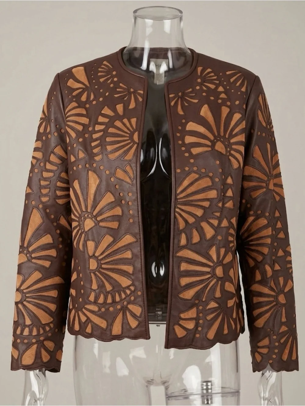 Vintage Chico's Genuine Leather Laser Cutout Jacket Brown - Size 2 (L) - Picture 2 of 11